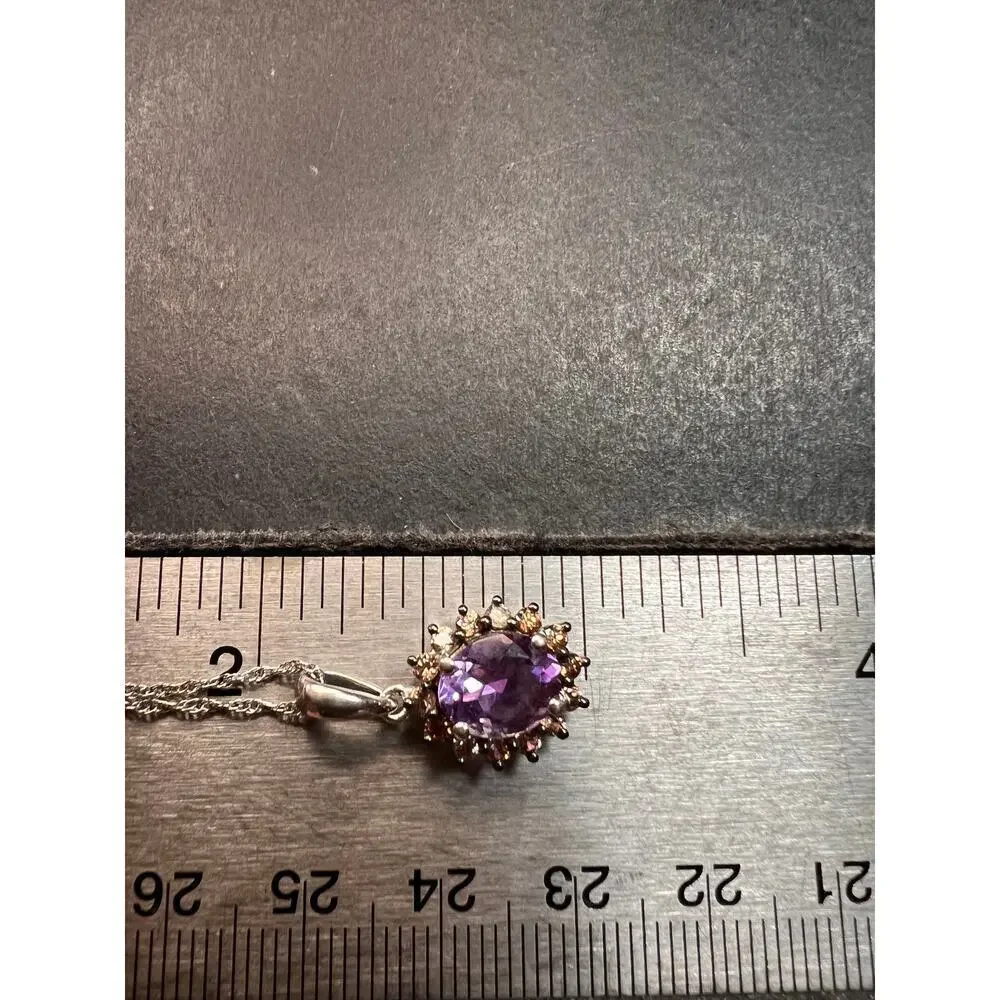NEW amethyst and brown zircon halo pendant in sterling silver with vintage chain